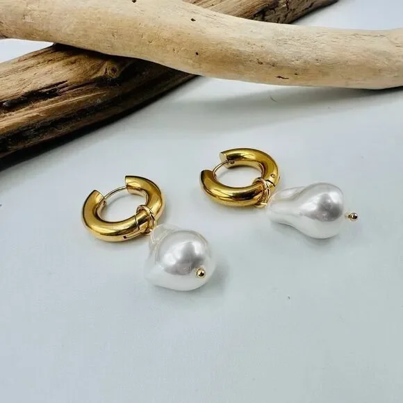 Baroque Pearl Gold Hoop Huggie Earrings 18K Stainless Steel - Picture 6 of 6